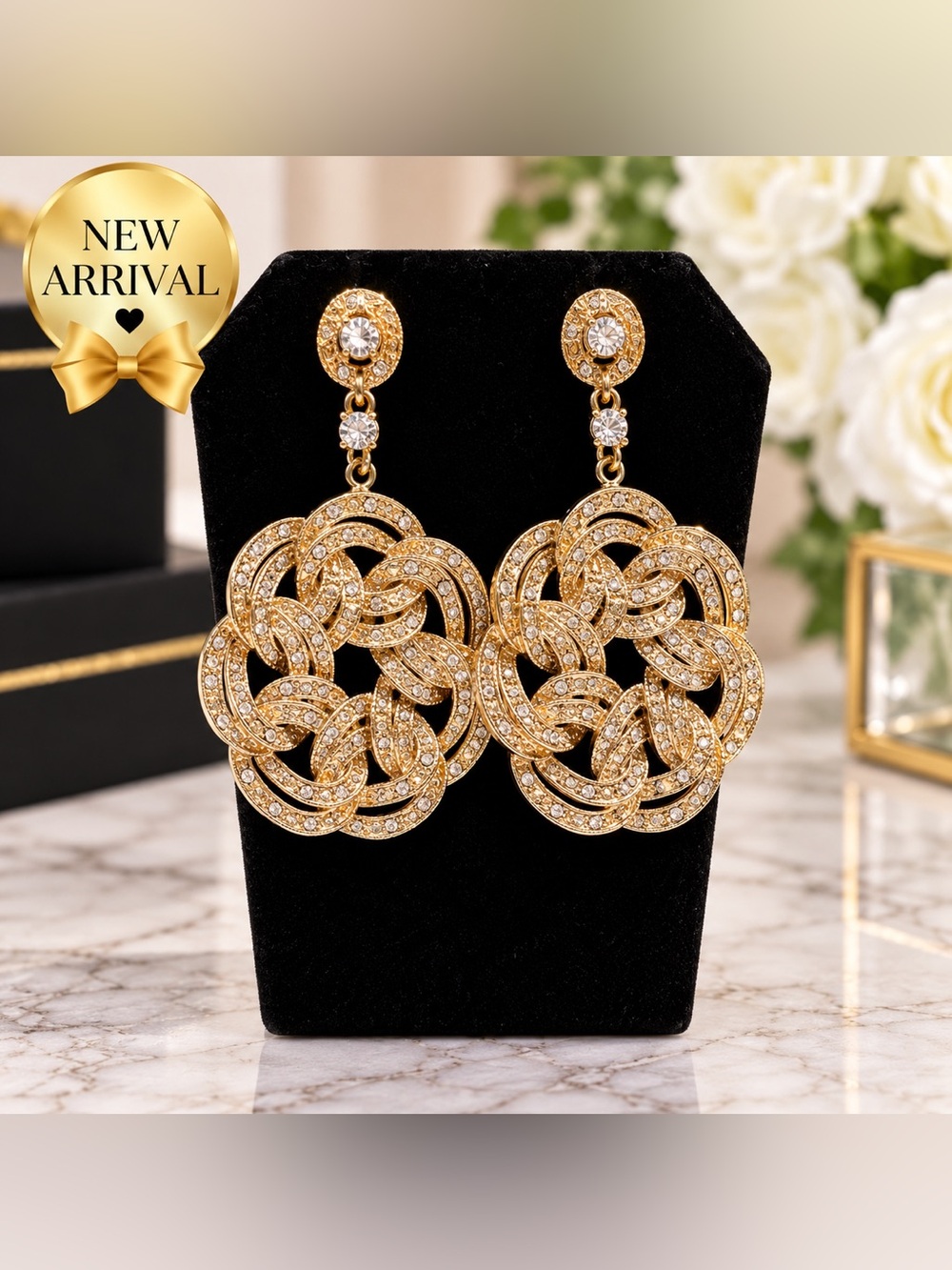✨ Gold-Tone Crystal Statement Drop Earrings ✨